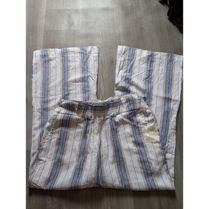 Striped Linen Blend Wide-Leg Pants Elastic Waist & Pockets Indigo Ren Size L Nwt